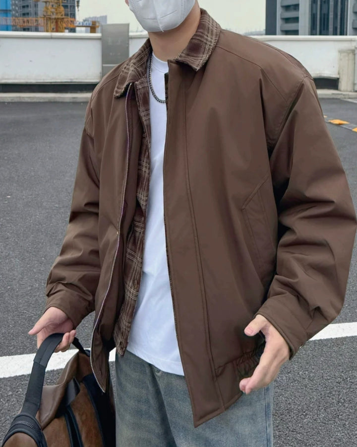 Side view of Plaid Lined Shearling Collar Washed Workwear Jacket
