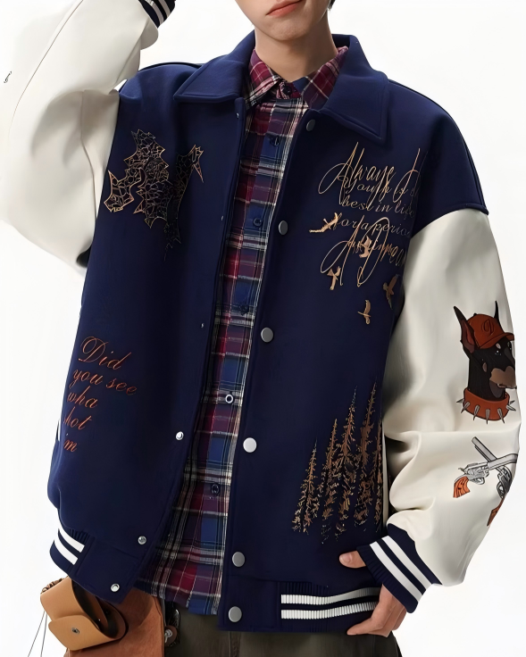 STEP BLOCK ST060 Embroidered Graphic Ribbed Collar Varsity Baseball Jacket