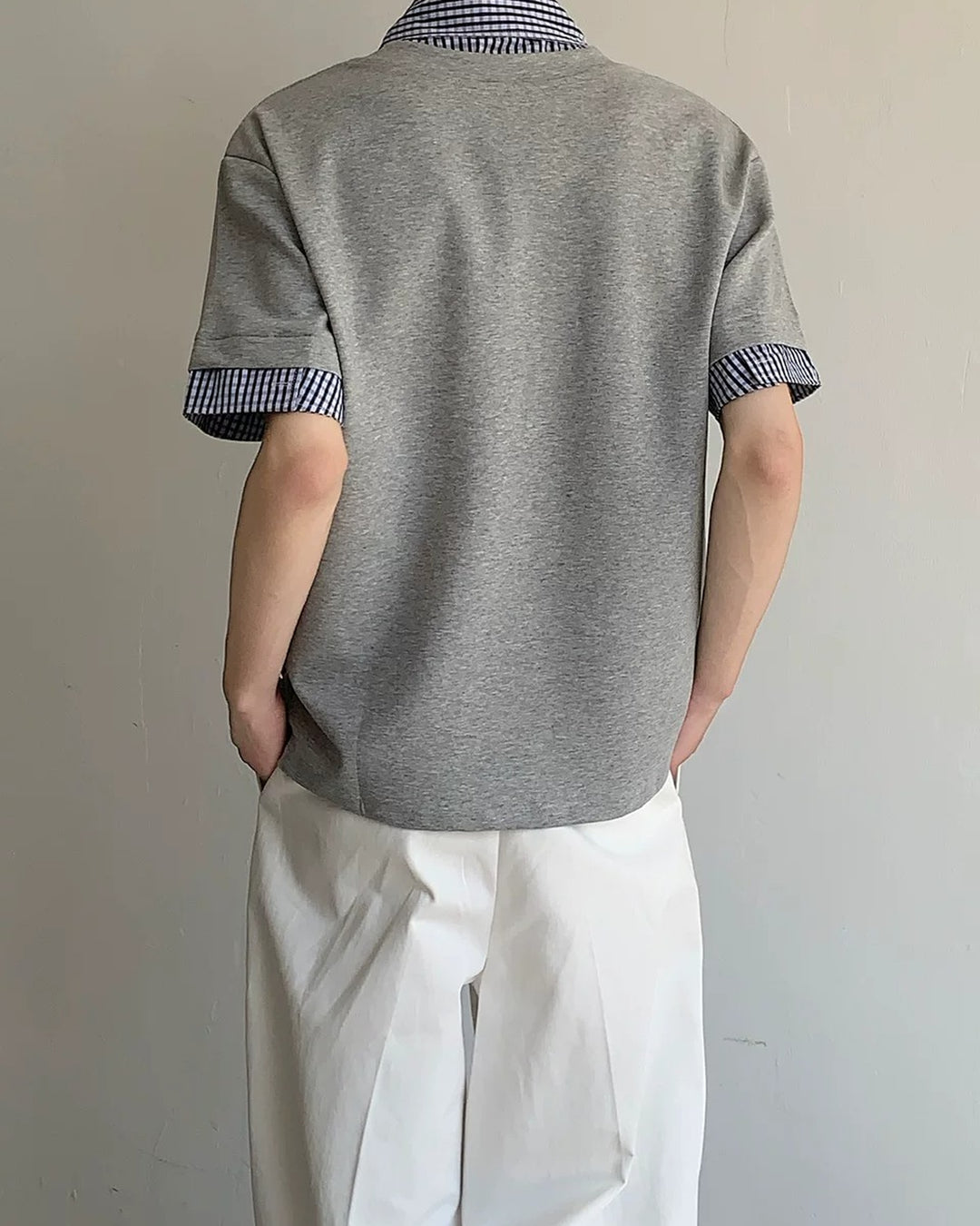 Close-up detail of Layered Plaid Trim T-Shirt