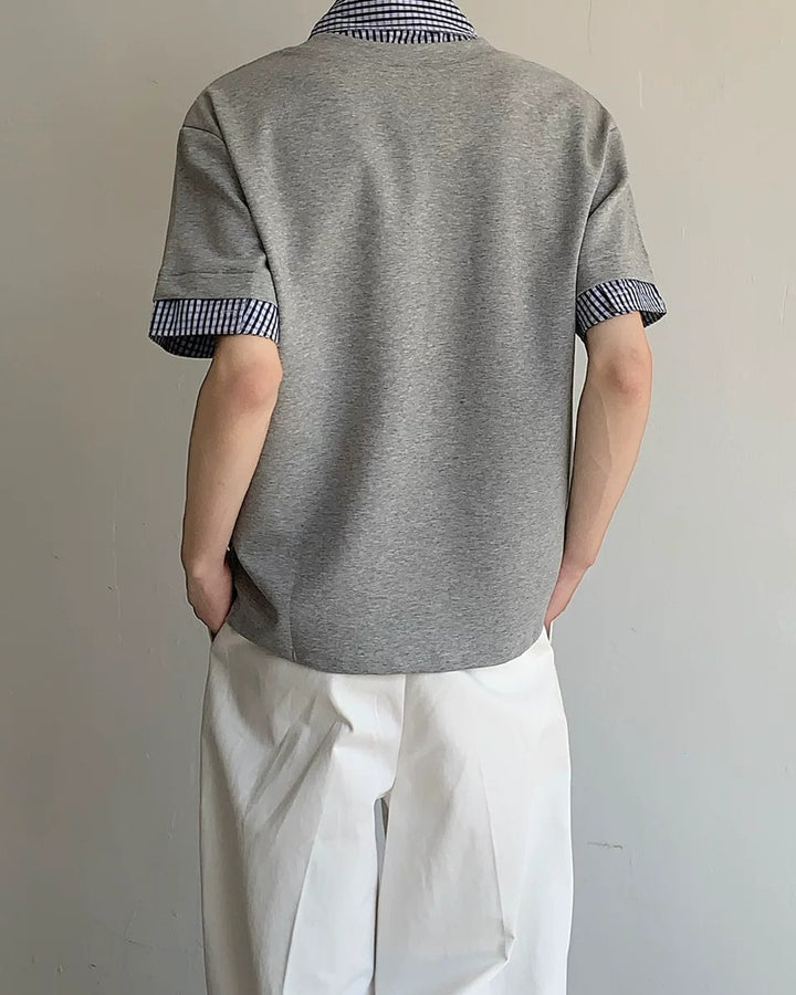 Close-up detail of Layered Plaid Trim T-Shirt