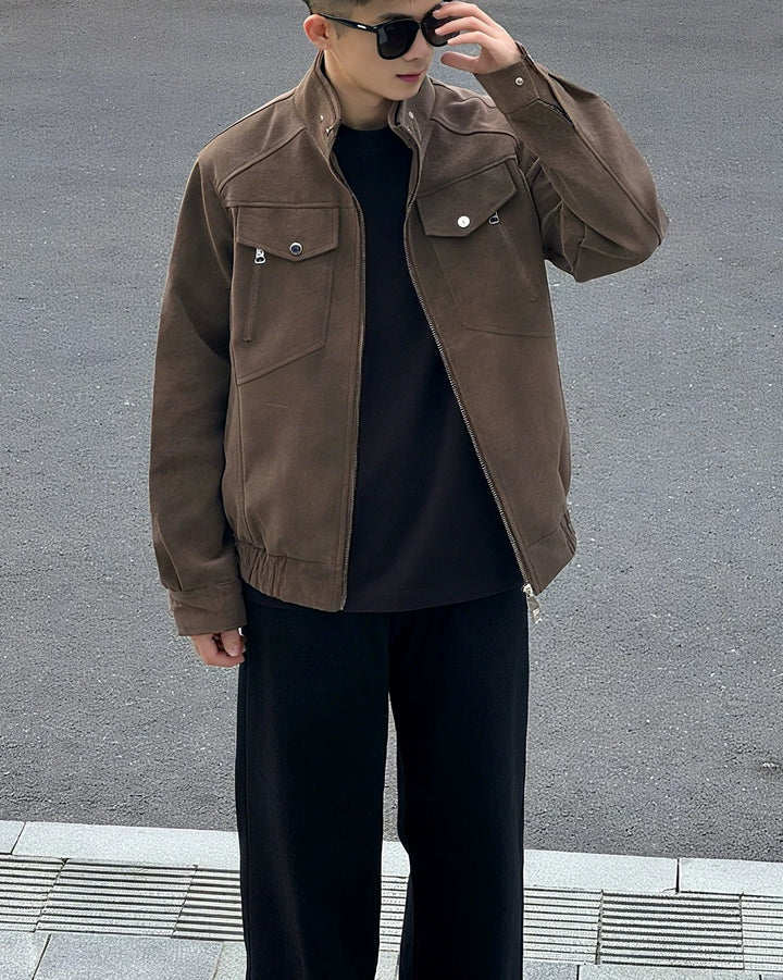 Side view of Washed Distressed Faux Leather Stand Collar Utility Jacket