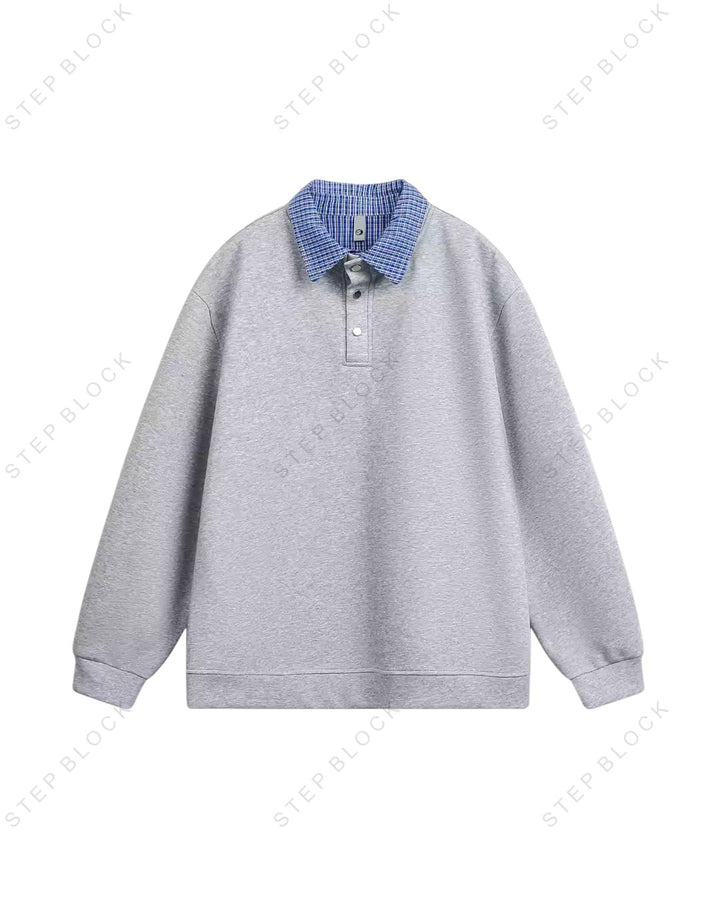 STEP BLOCK ST010 Faux Layered Denim Collar Half-Zip Sweater