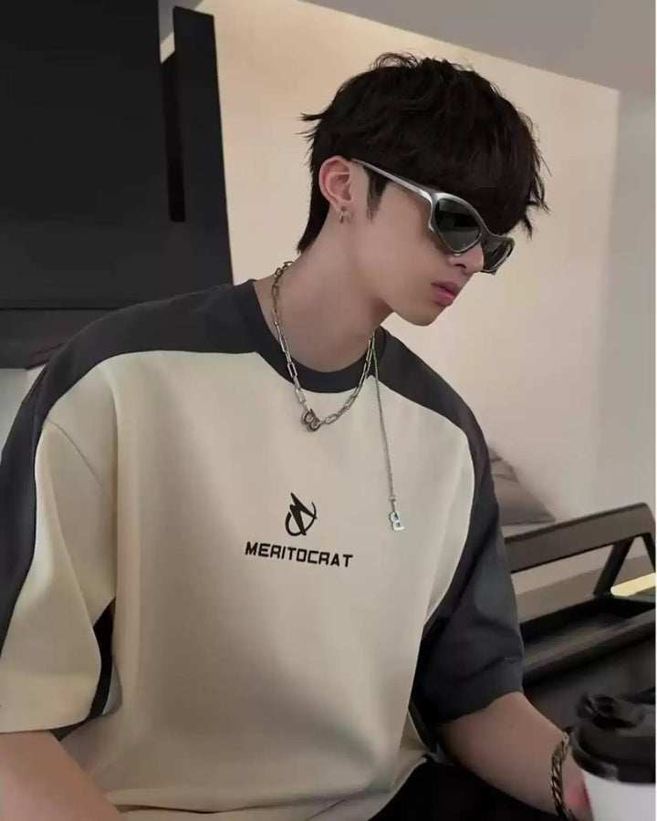 Front view of Beige Black Raglan Sleeve Oversized T-Shirt