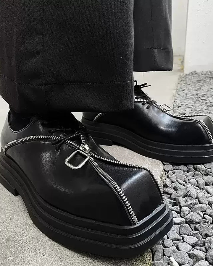 Close-up sole detail of Black Leather Gothic Square-Toe Chunky Heel Shoes