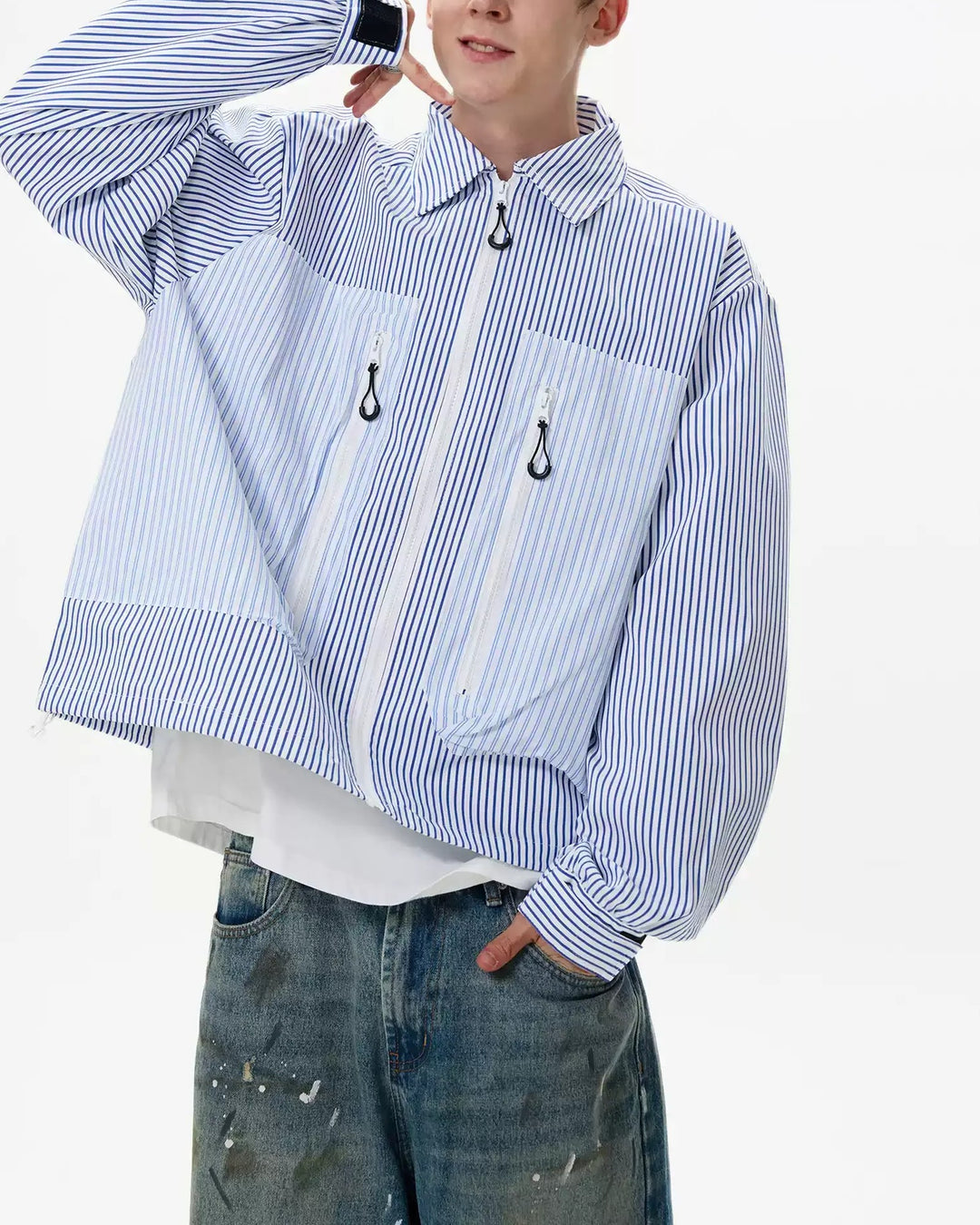 Side view of Striped Zip-Up Overshirt