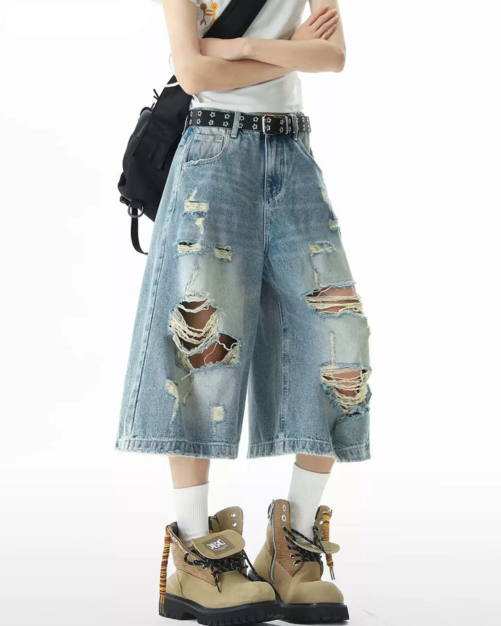 Close-up detail of Heavy Distressed Wide Leg Denim Shorts