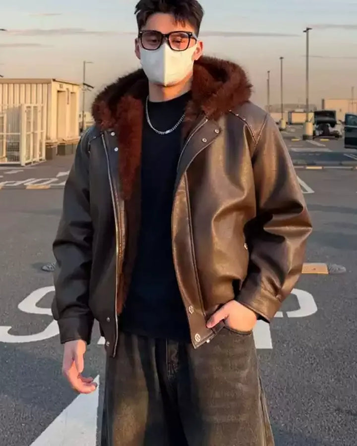 Additional product image of Cropped Shearling Collar Washed Faux Leather Bomber Jacket