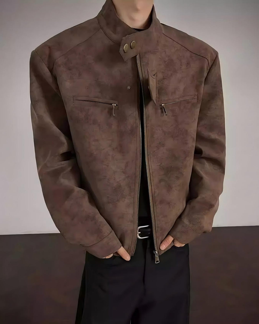 STEP BLOCK ST058 Washed Distressed Minimalist Stand Collar Workwear Jacket