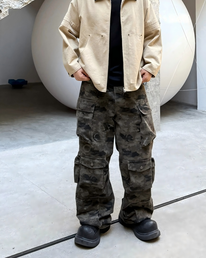 STEP BLOCK MT034 vintage camouflage multi-pocket baggy cargo pants