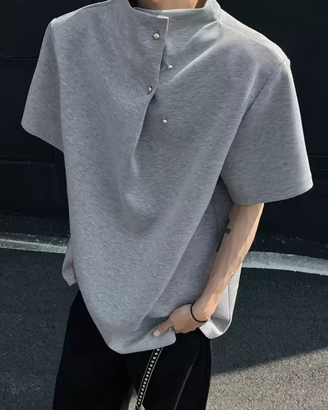 Lifestyle styling view of Asymmetric Button Collar Oversized T-Shirt