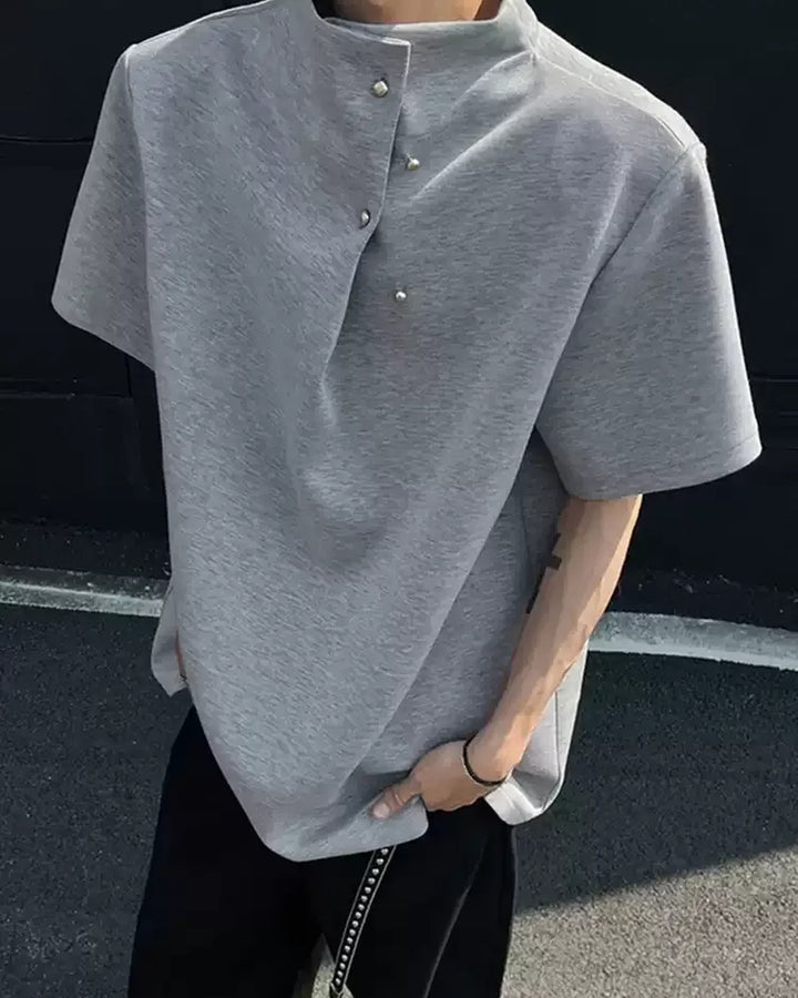 Lifestyle styling view of Asymmetric Button Collar Oversized T-Shirt
