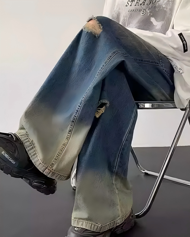 STEP BLOCK MT021 Vintage Distressed Wide-Leg Jeans