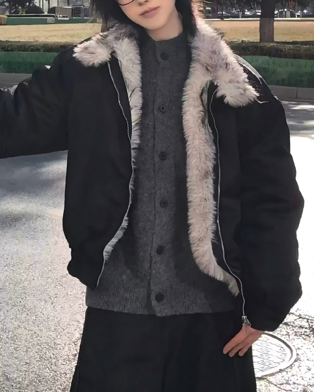 STEP BLOCK ST028 Shearling Collar Water-Resistant Bomber Jacket
