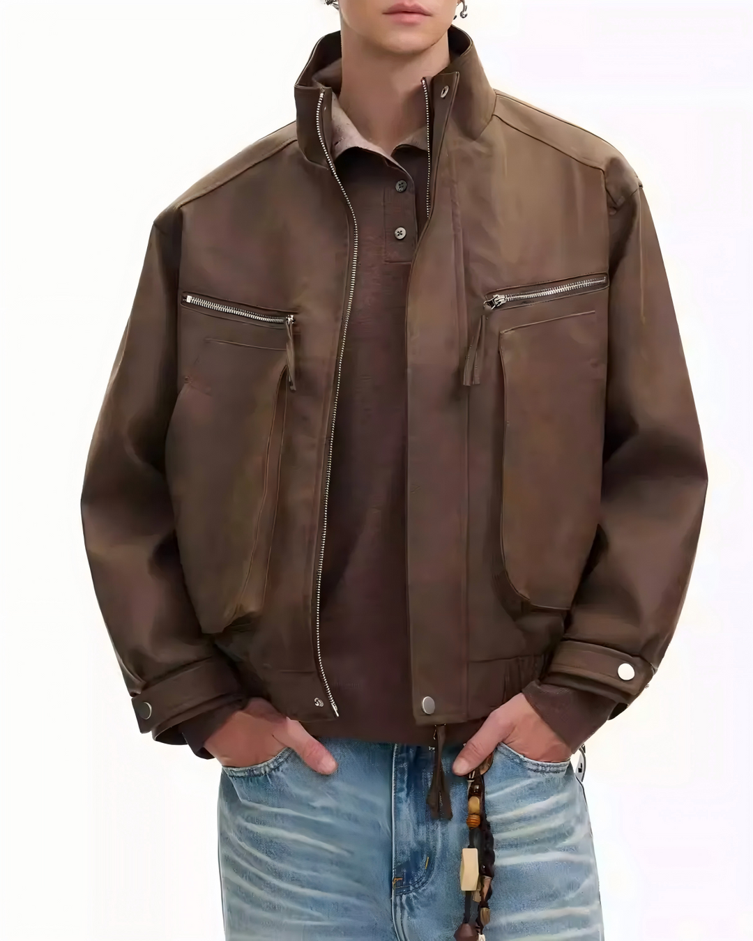 STEP BLOCK ST013 Washed Leather-Look Multi-Zipper Flight Jacket
