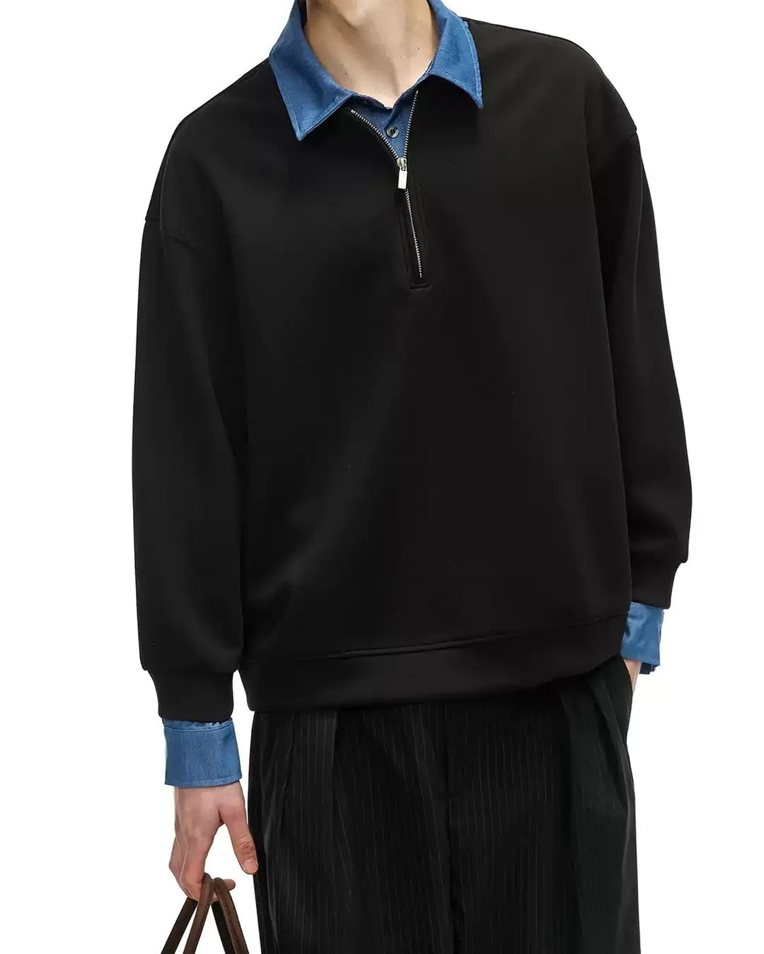 Back view of Layered Denim Collar Half-Zip Jacket