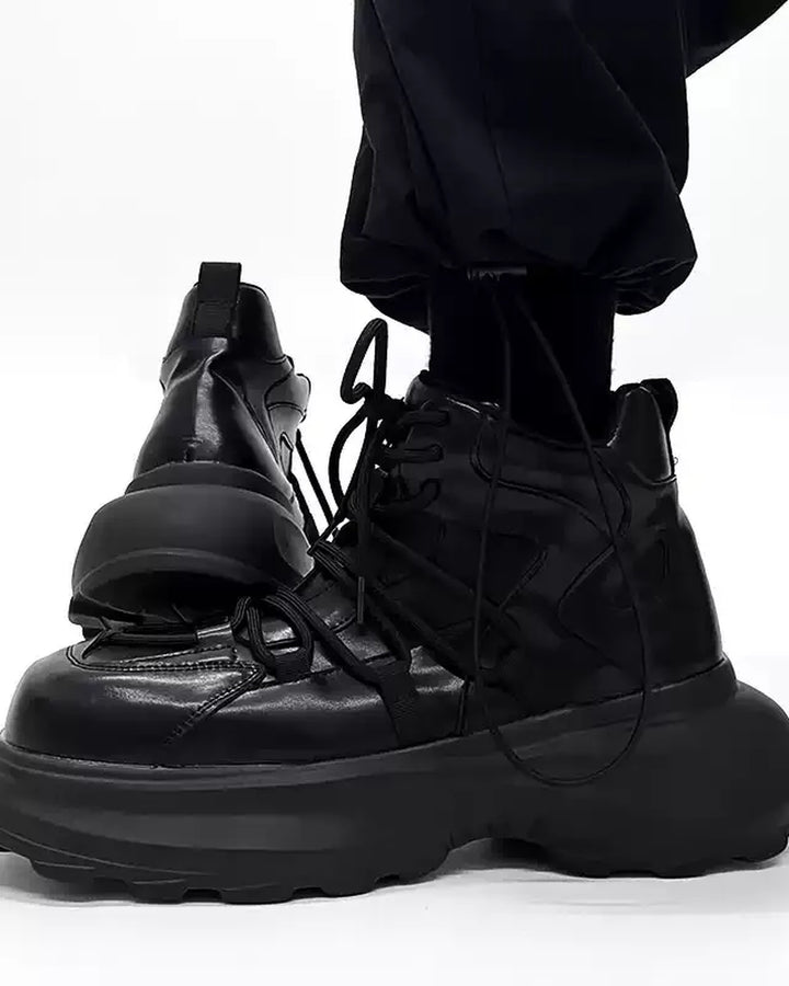 Back view of Black Leather High-Top Chunky Platform Shoes