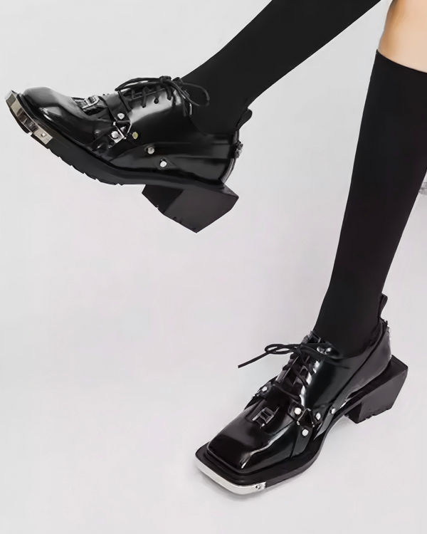 STEP BLOCK SH008 Men's Black Leather Gothic Chunky Heel Streetwear shoes