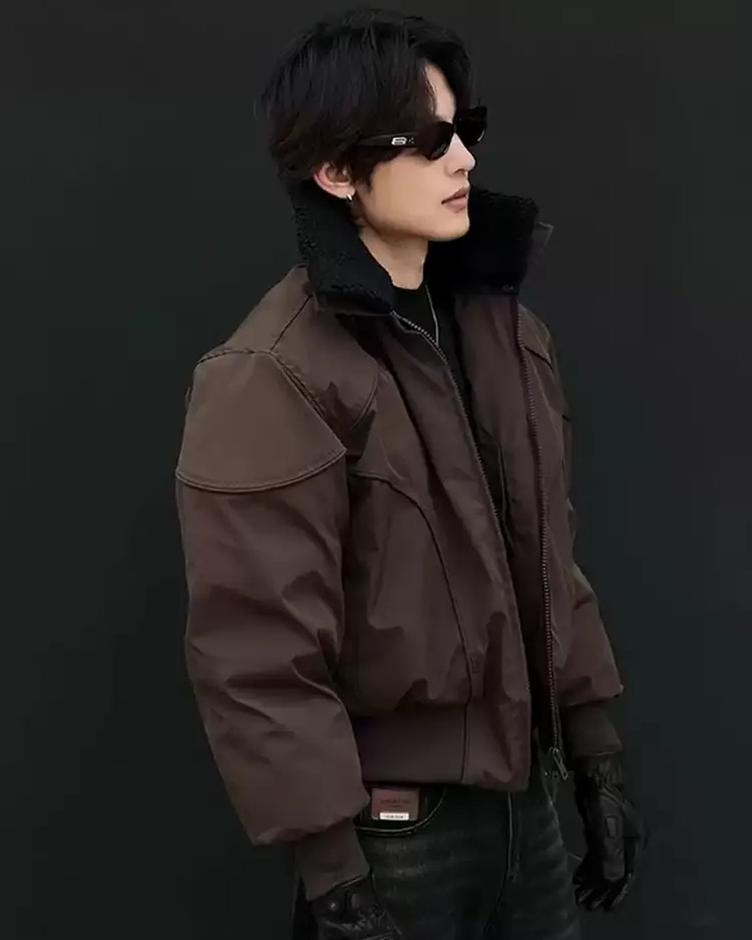 Lifestyle styling view of Shearling Collar Washed Utility Bomber Jacket