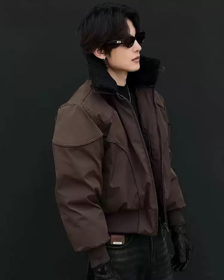 Lifestyle styling view of Shearling Collar Washed Utility Bomber Jacket