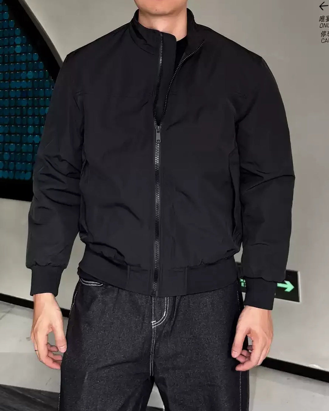 Back view of Minimalist Stand Collar Oversized Bomber Jacket