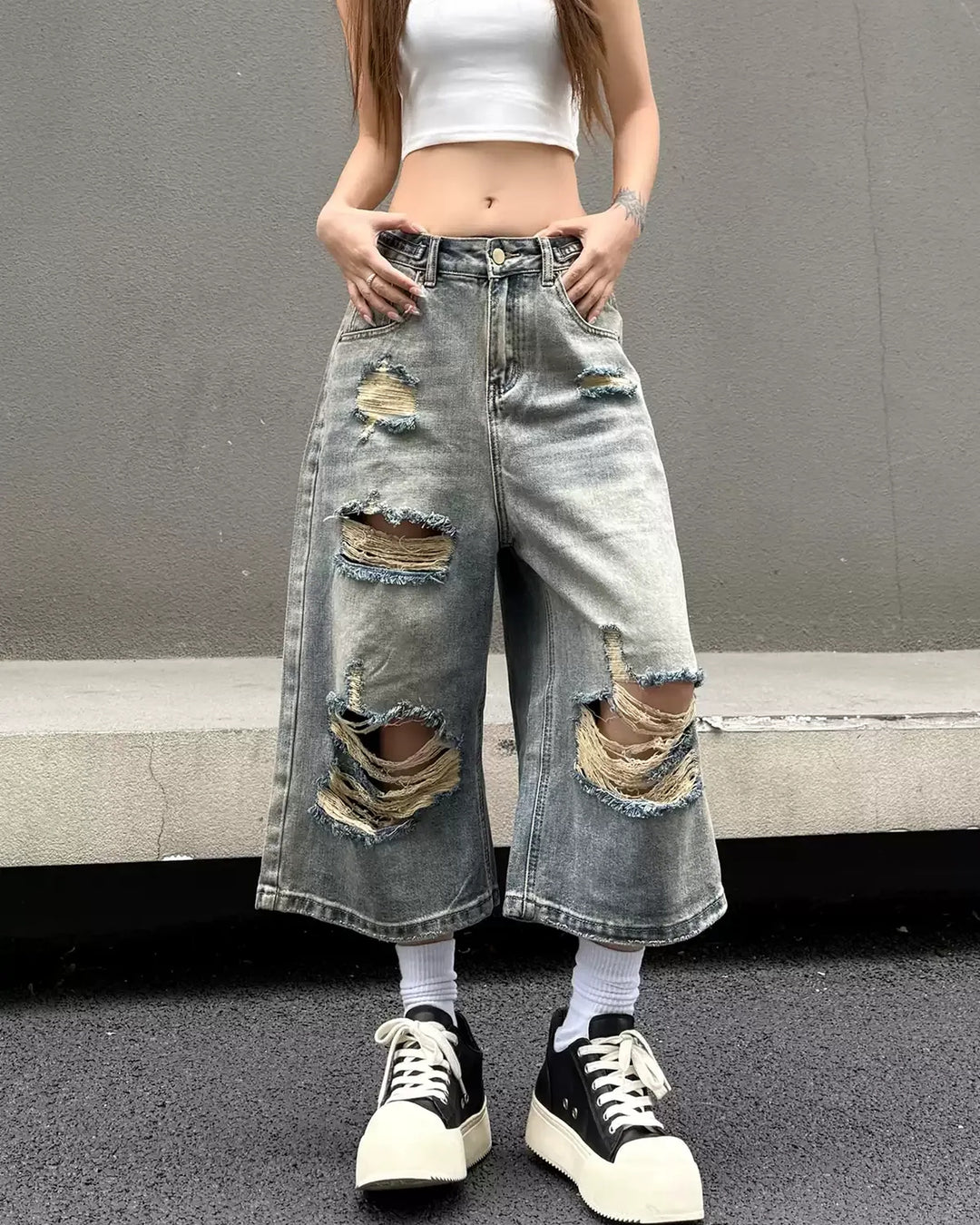 BRYNOR Distressed Ripped Denim Wide Leg Shorts product photo