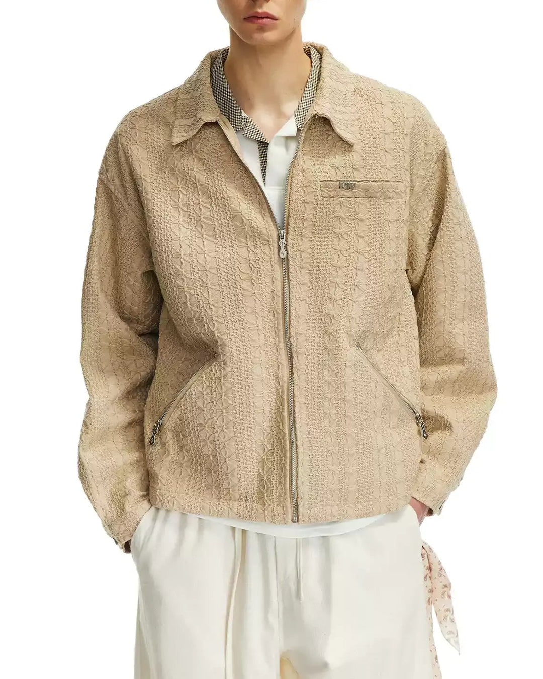 Close-up detail of Textured Camp Collar Harrington Jacket
