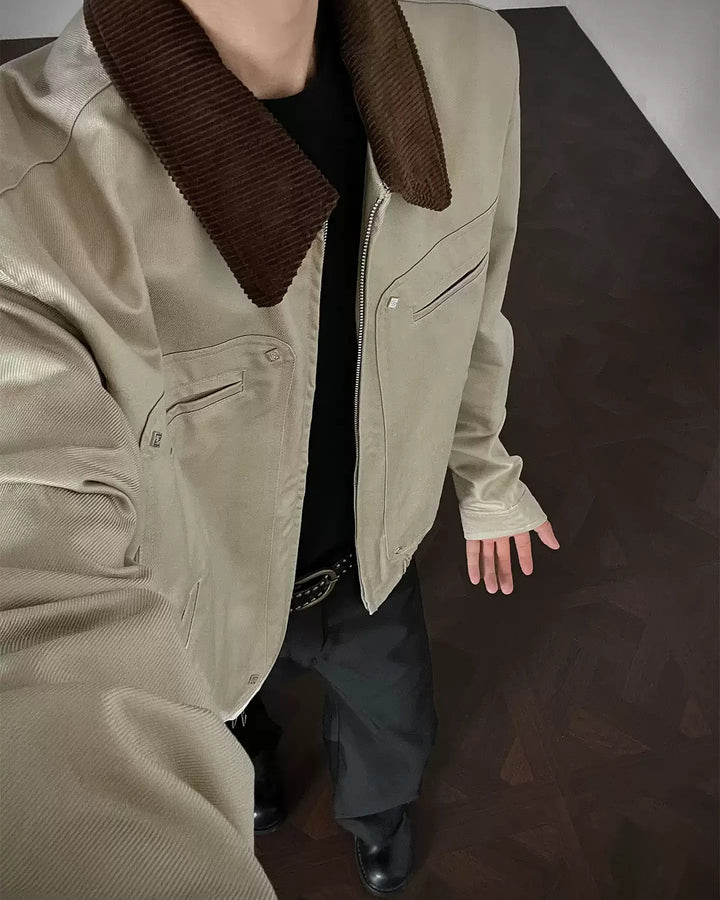 Back view of Contrast Shearling Collar Washed Workwear Jacket