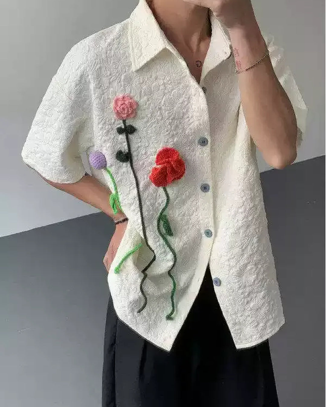 Close-up detail of Floral Appliqué Short Sleeve Shirt