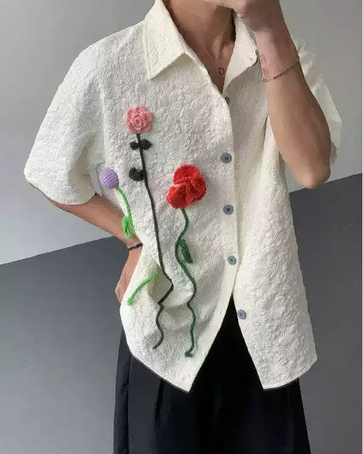 Close-up detail of Floral Appliqué Short Sleeve Shirt