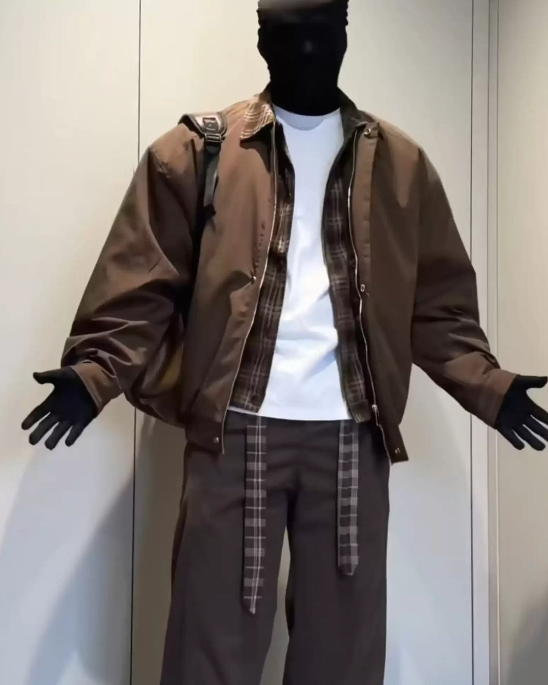 Back view of Plaid Lined Shearling Collar Washed Workwear Jacket