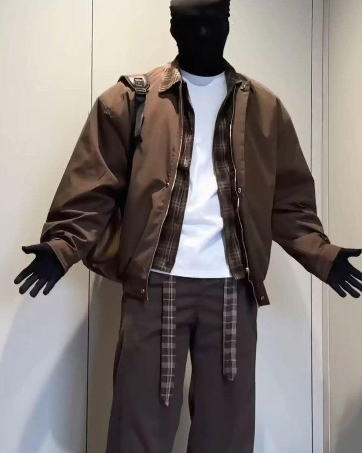 Back view of Plaid Lined Shearling Collar Washed Workwear Jacket