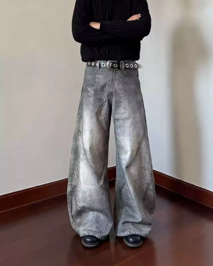 Grey Washed Baggy Flare Jeans