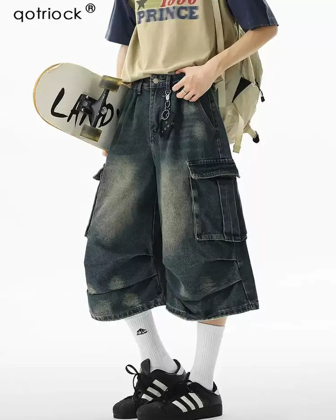 Front view of Washed Distressed Denim Cargo Shorts