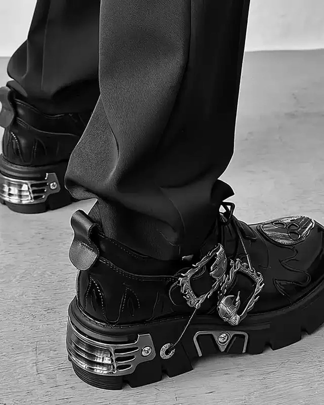 Back view of White and Black Gothic Distressed Shoes