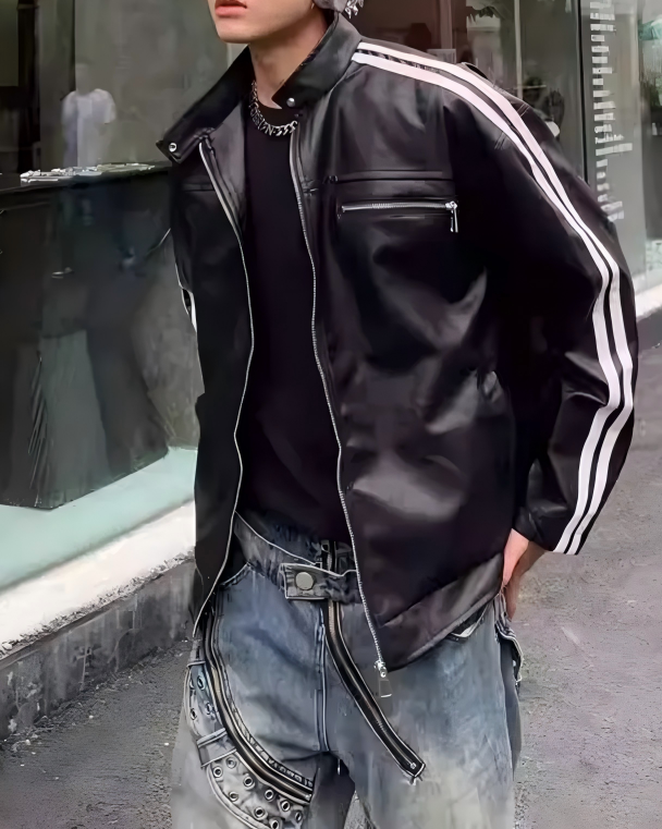 STEP BLOCK ST1015 Striped Sleeve Leather Jacket