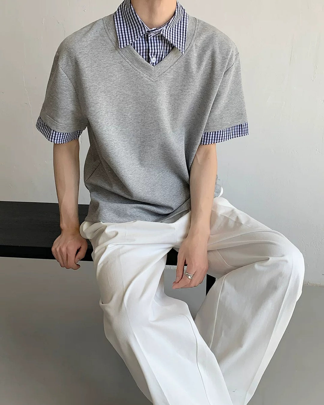 Side view of Layered Plaid Trim T-Shirt