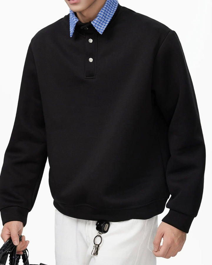 Close-up detail of Layered Denim Collar Half-Zip Sweater