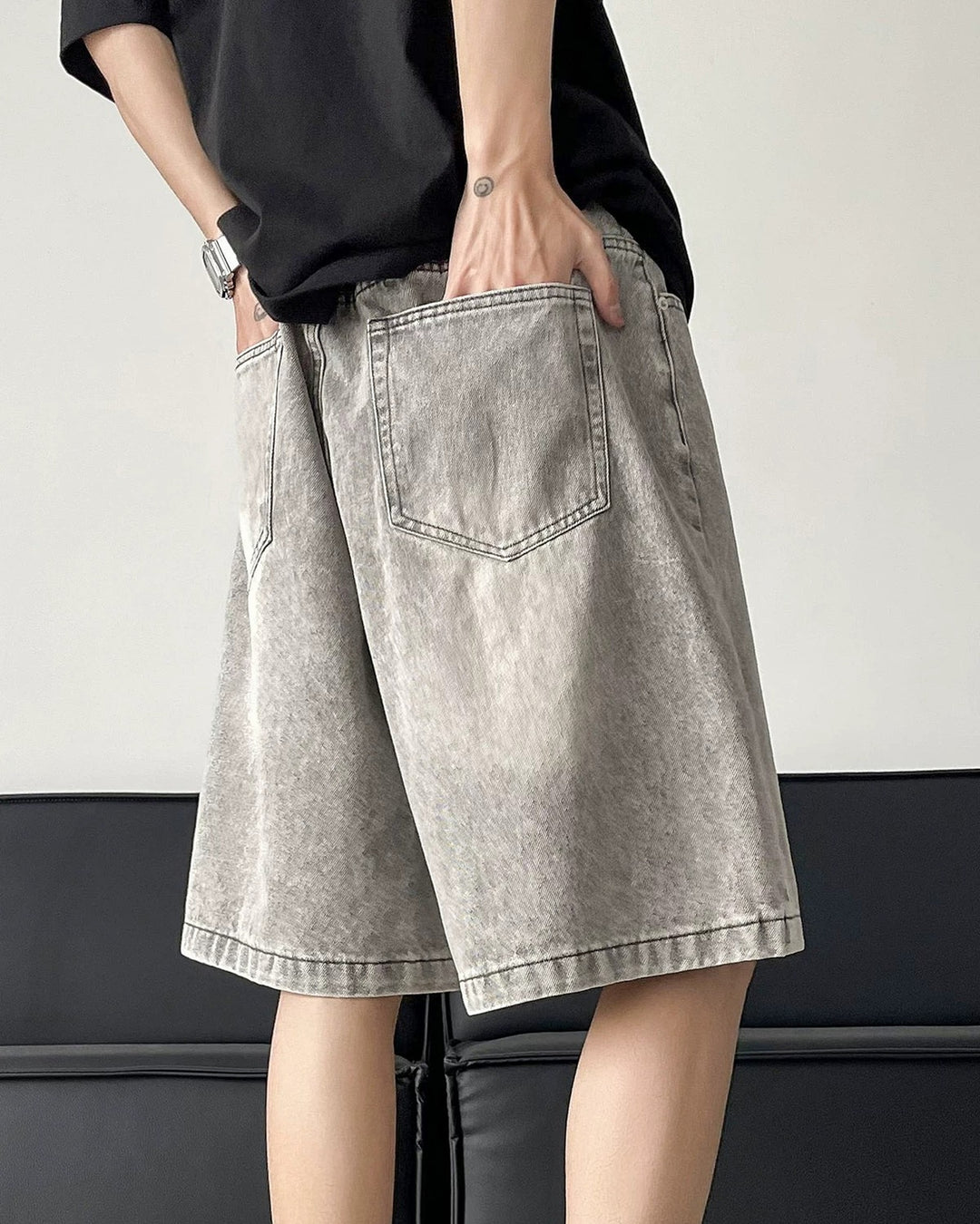 Side view of Gradient Washed Denim Shorts