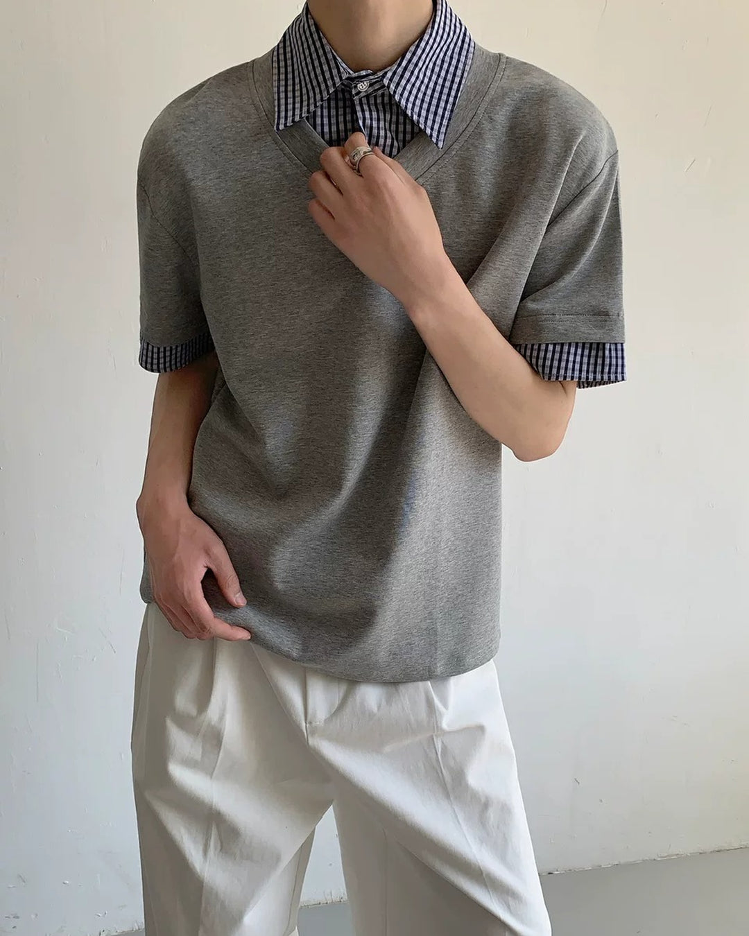 Back view of Layered Plaid Trim T-Shirt