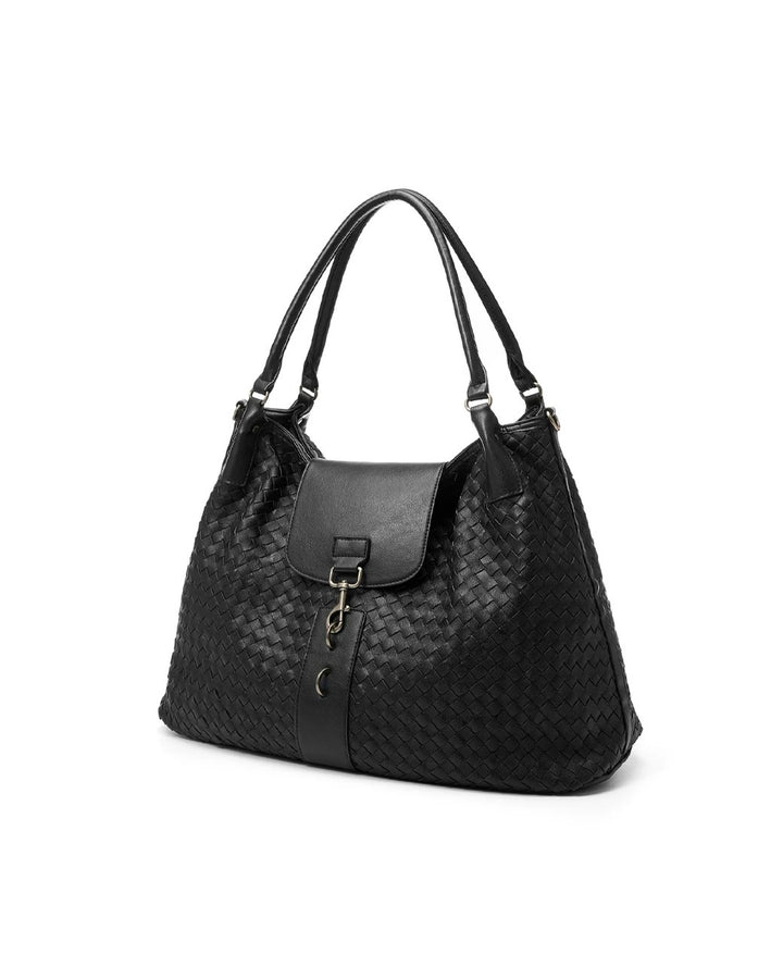 Lifestyle styling view of Woven Pattern Large Hobo Shoulder Bag