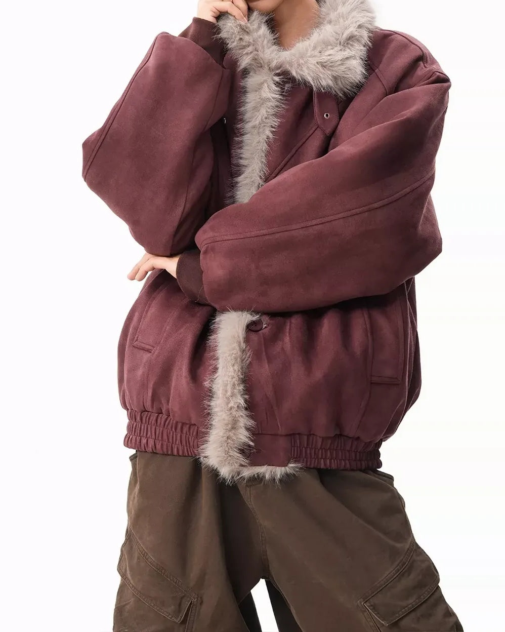 Back view of Reversible Shearling Lined Ribbed Collar Bomber Jacket