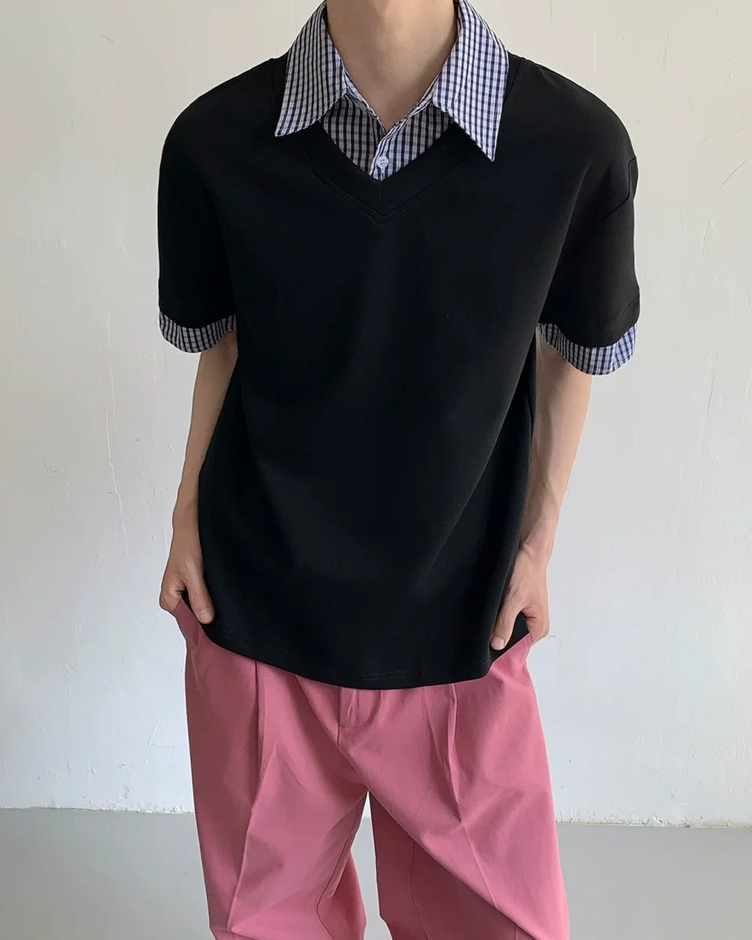 Lifestyle styling view of Layered Plaid Trim T-Shirt