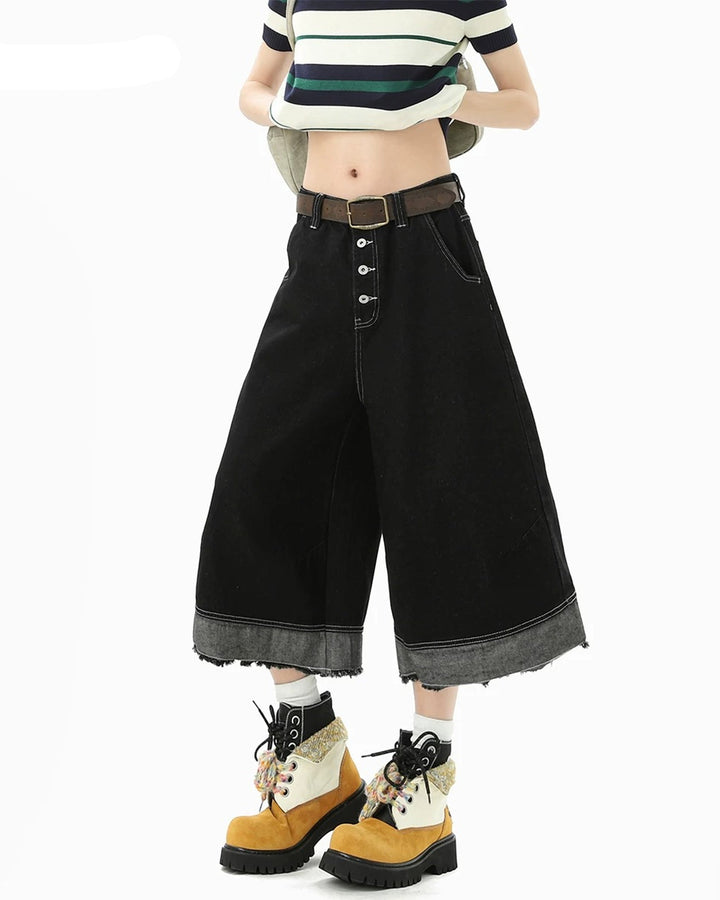 Side view of Wide Leg Denim Shorts with Raw Hem