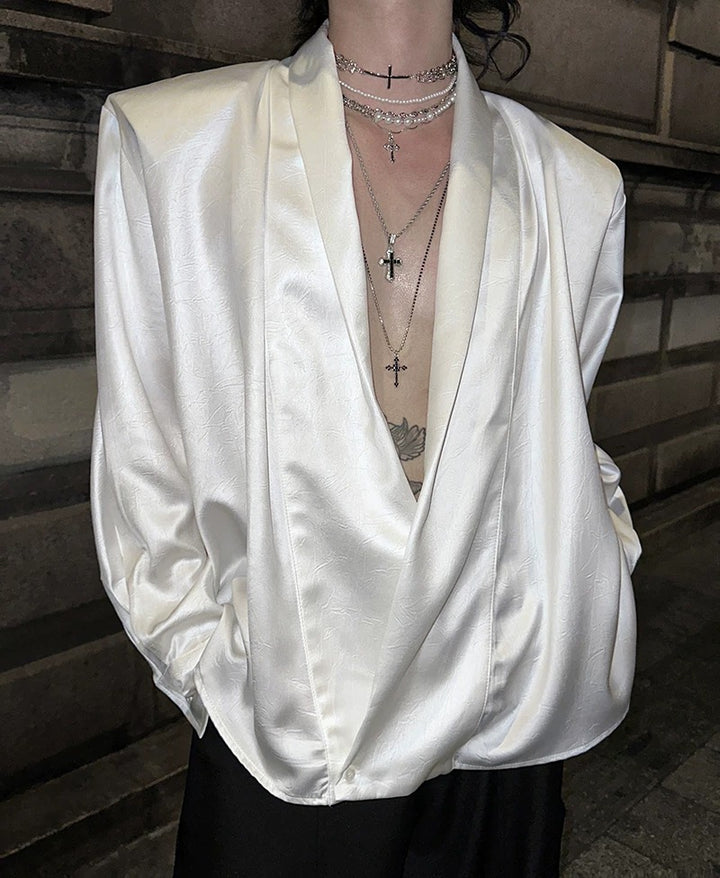 Close-up detail of Deep V-Neck Satin Shirt