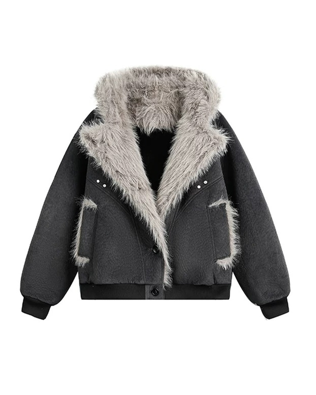 Side view of Oversized Shearling Lined Washed Denim Hooded Jacket