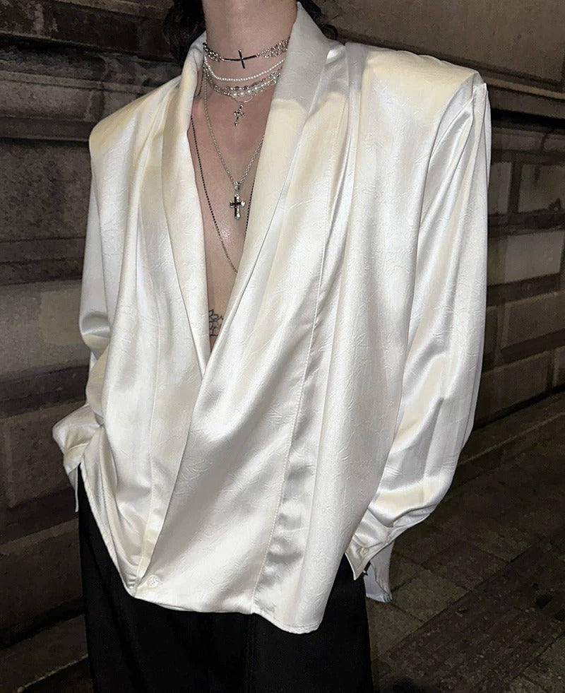 Side view of Deep V-Neck Satin Shirt