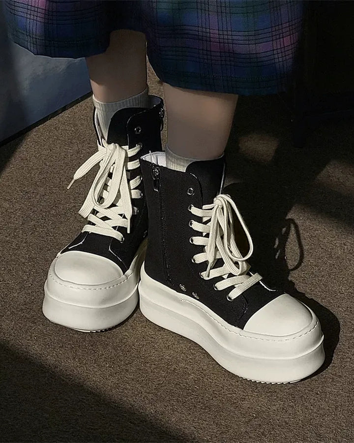 Close-up sole detail of Black and White High-Top Minimalist Shoes