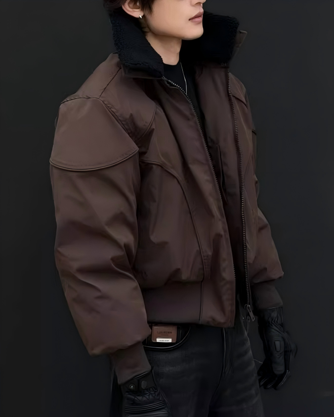 STEP BLOCK ST055 Shearling Collar Washed Utility Bomber Jacket