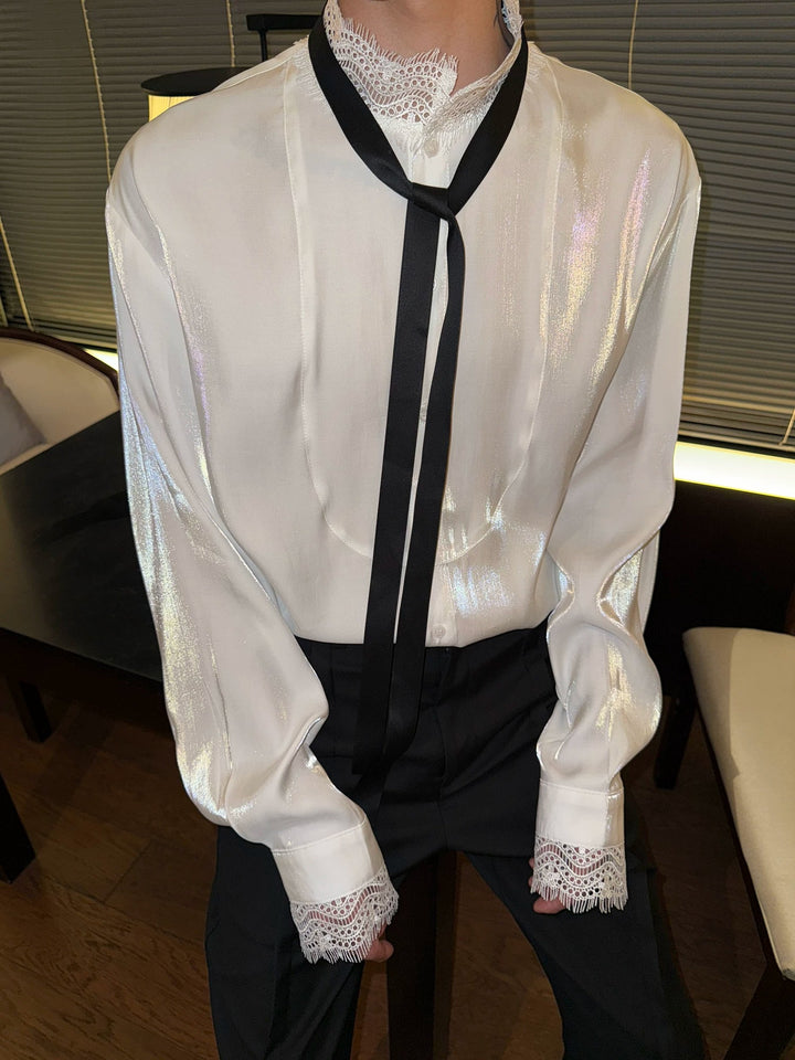 Additional product image of Lace Trim Tie Long Sleeve Shirt