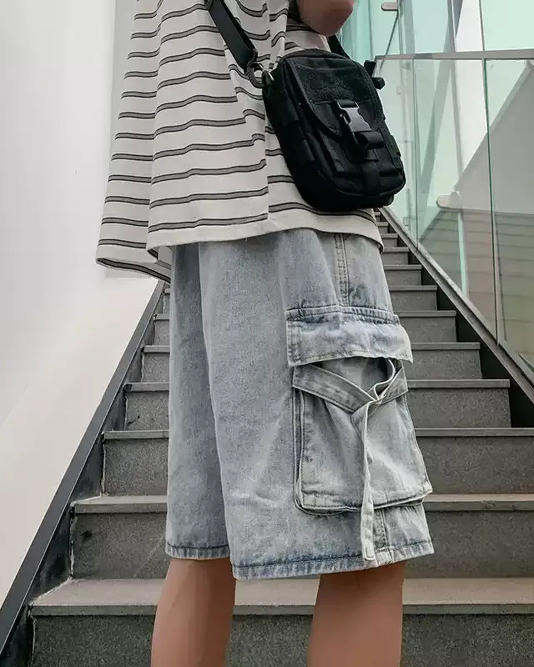 Side view of Drawstring Waist Cargo Denim Shorts
